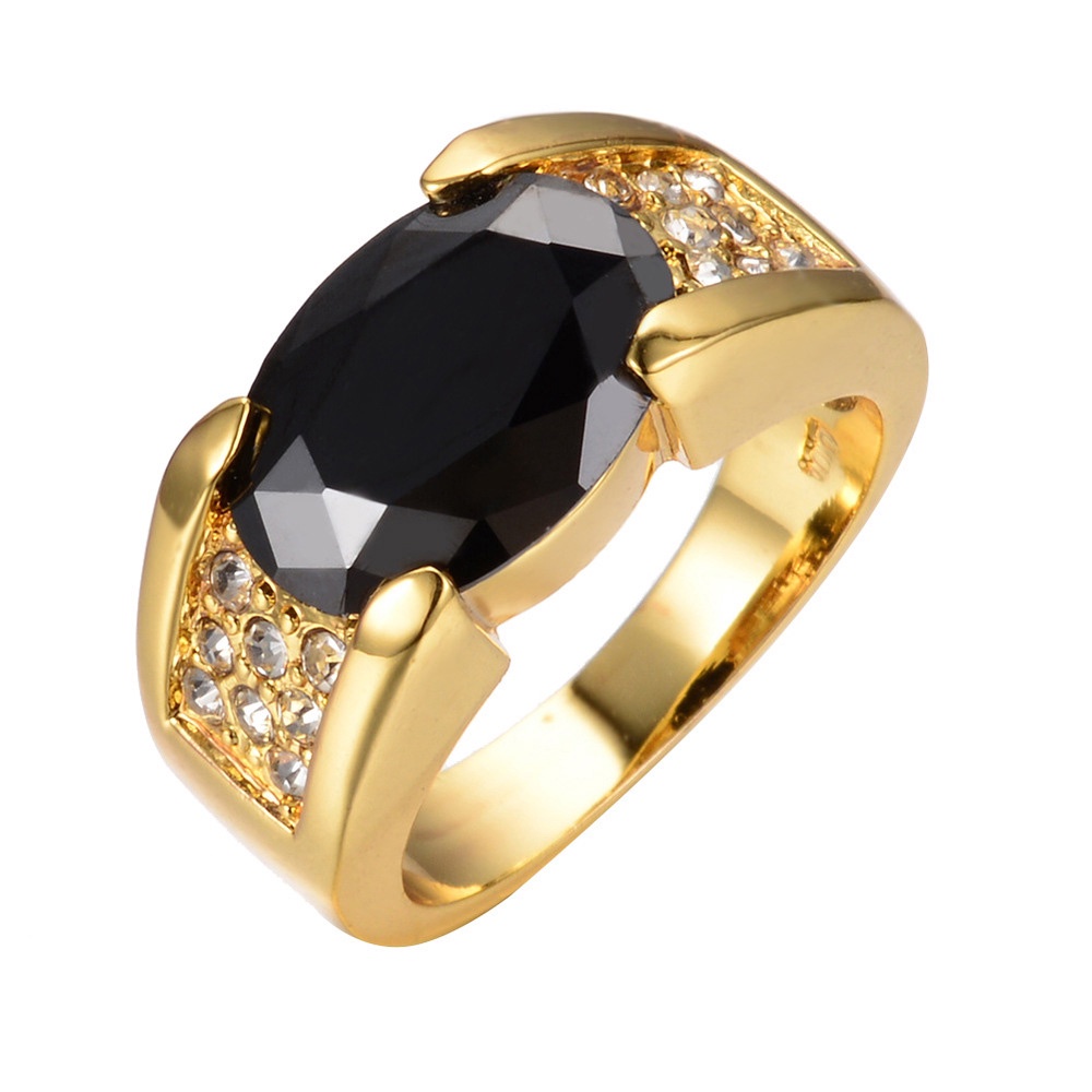 Cincin Pertunangan Emas 18k Kristal Warna Hitam Batu Permata Berlian Titanium Steel Pria Wanita Fashion Perhiasan Gold Rings