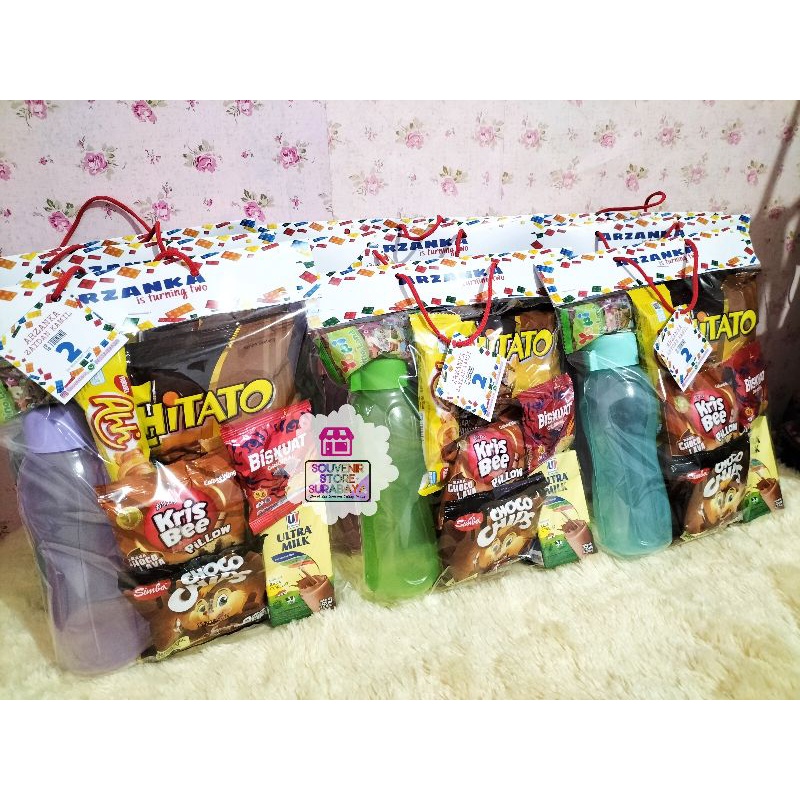 Paket Snack Ulang Tahun / Souvenir Boto Eco 350ml/ Hangtag Snack Ultah / Bingkisan Snack Label / Paket Snack Souvenir Botol