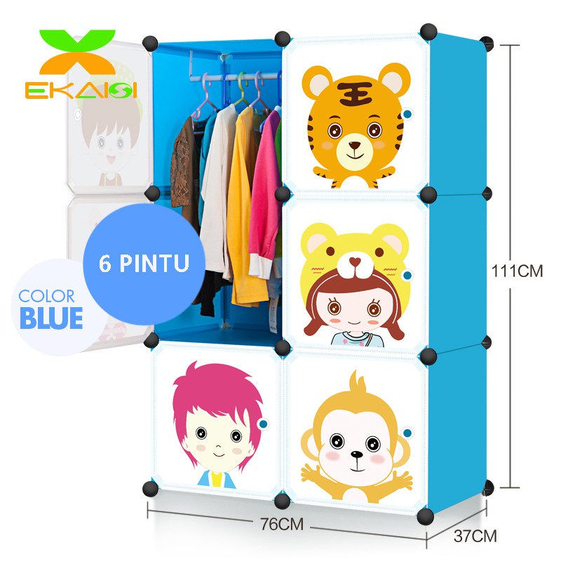 Ekaisi Lemari portable plastik lemari pakaian anak rak baju serbaguna 6 pintu kartun