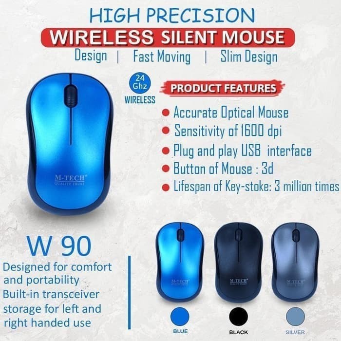 Mouse wireless m-tech Usb 2.4ghz 1600dpi 3d Silent mini on off W-90 W90