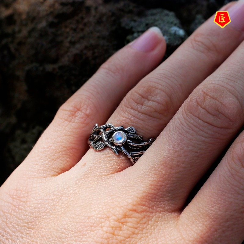 [Ready Stock]Moonstone Black Silver Twigs Ring Retro Simple