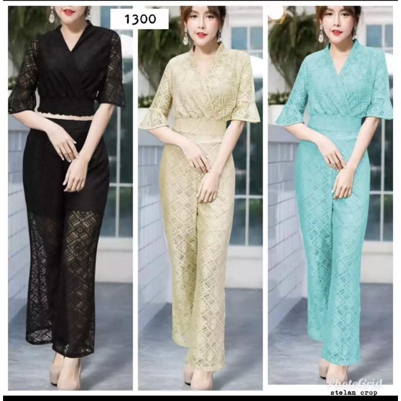 Pakaian Setcel Baju Crop Top Setelan Celana Panjang Brokat Brukat Premium G1300