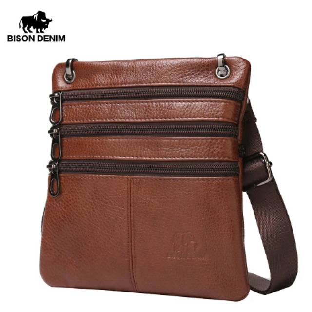 Tas selempang pria bison denim kulit asli coklat