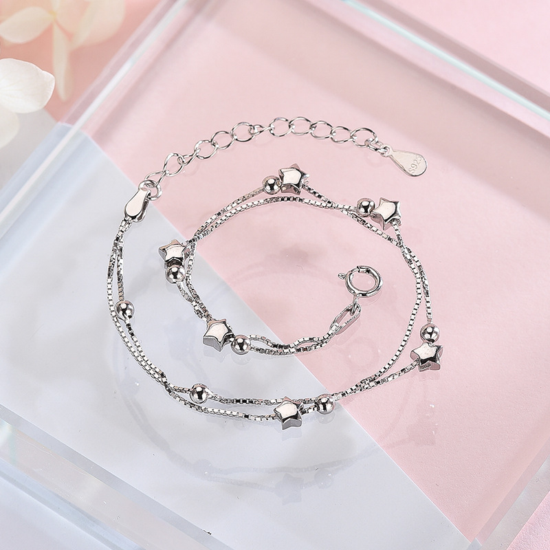 [ Ready Stock ] Classic Bracelets / Double Layer Star  Round Beads Bracelets /Silver Color Bracelets / Stars Charm Bracelet