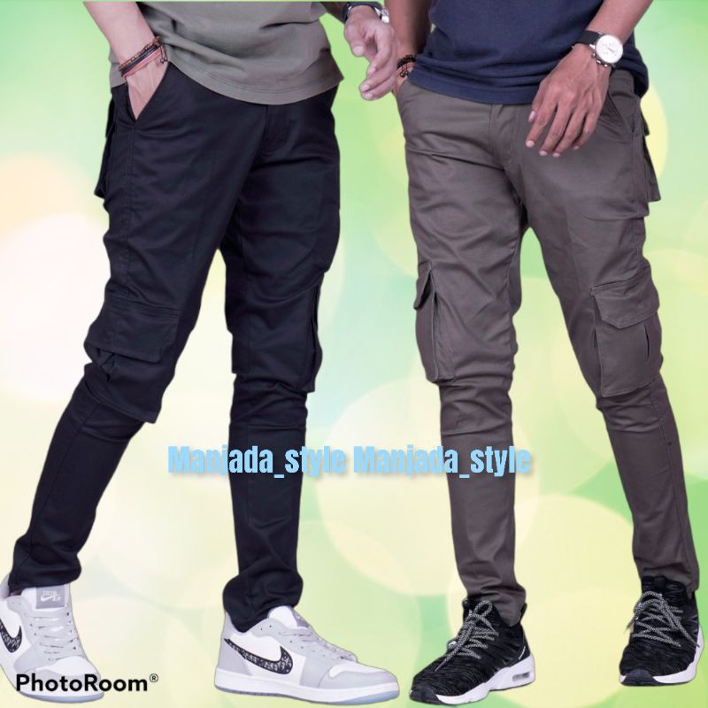 Celana Panjang Pria Cargo Model Slim Fit Skinny High Waist Warna Polos Untuk Pesta / Club