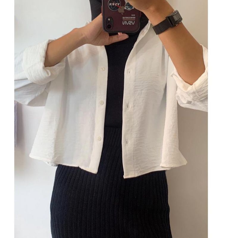 BIANCA CRINCLE CROP BLOUSE PREMIUM / PAKAIAN WANITA / WARNA HITAM PUTIH BATA AVOCADO MINT MOCCA / MO