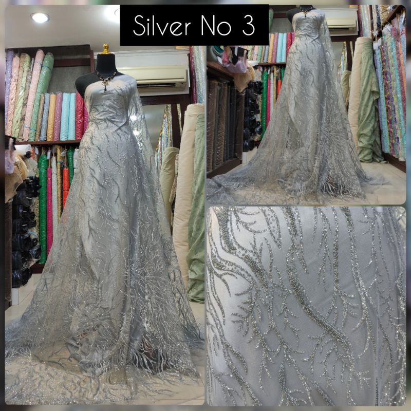 KAIN Tile Brokat Sugar Candy Crush Akar Payet Salur Silver