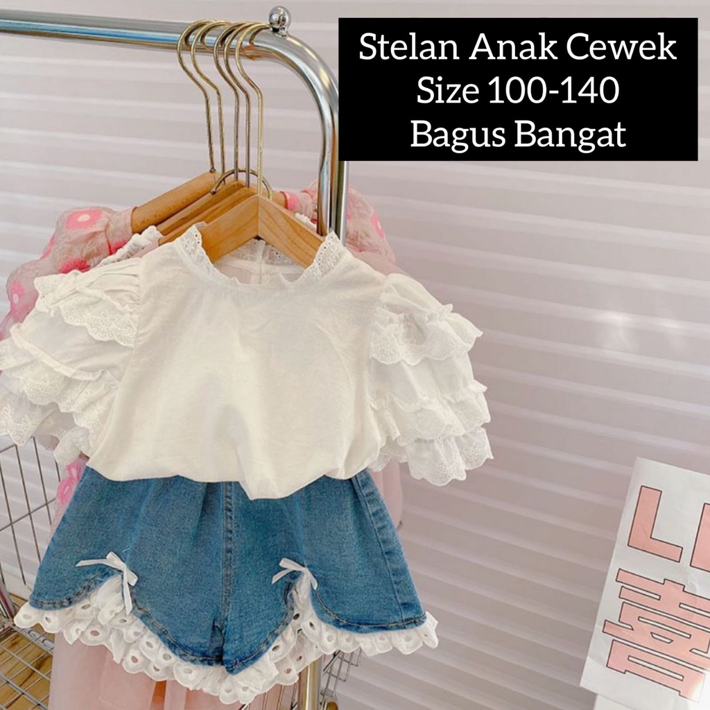 (LOLI-JKT) BS-271 SET ANAK CEWEK PATCHWORK RENDA + CELANA DENIM SIZE 100-140