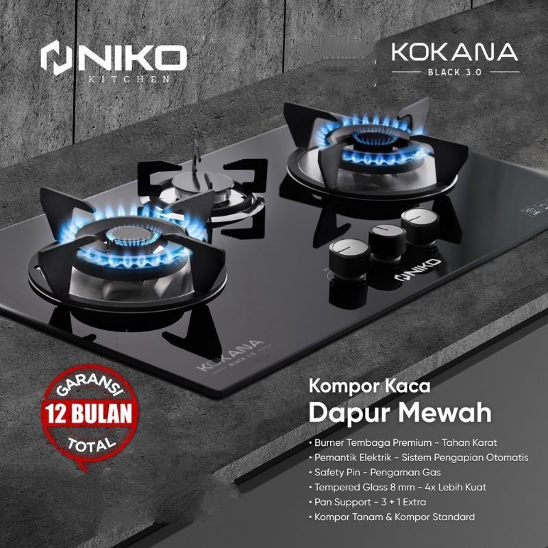 NIKO kompor Gas Kaca Tanam 3 Tungku Kokana 3.0 Black - Garansi Resmi 1 Tahun