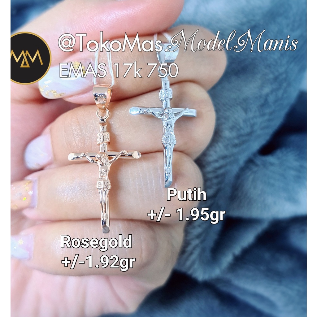 Liontin Salib Khatolik emas putih 750 kadar 17k