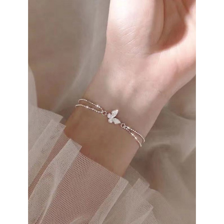 Gelang Rantai Ganda Desain Kupu-Kupu Aksen Berlian Penuh Gaya Korea Untuk Wanita