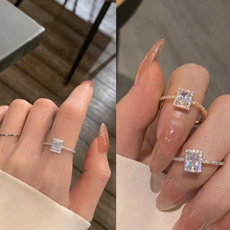 Cincin Berlian Imitasi Bentuk Persegi Geometris Gaya Korea Jepang