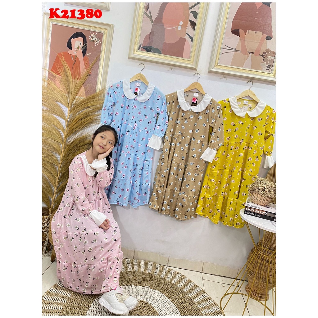 Gamis anak perempuan model rempel motif bunga bahan voxy premium merk latin (8-10 tahun)
