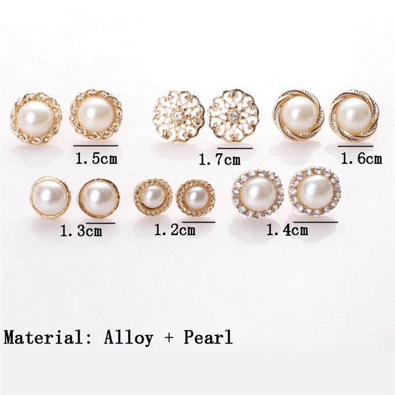 (LUCKID) 6 Pasang / Set Anting Tusuk Aksen Mutiara + Berlian Imitasi Untuk Perhiasan Wanita