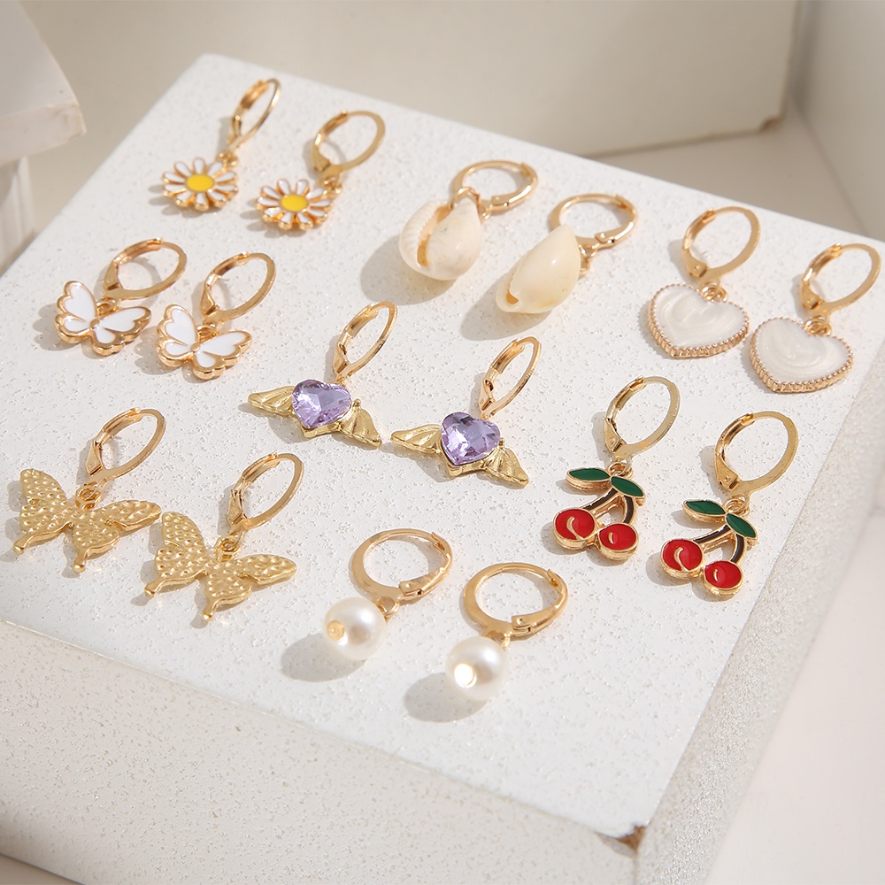 AY(CN) 16pcs/set Cute Pearl Shell Drop Earring Set Colorful Heart Butterfly Flower Cherry Hoop Earrings for Women Accessories Jewelry