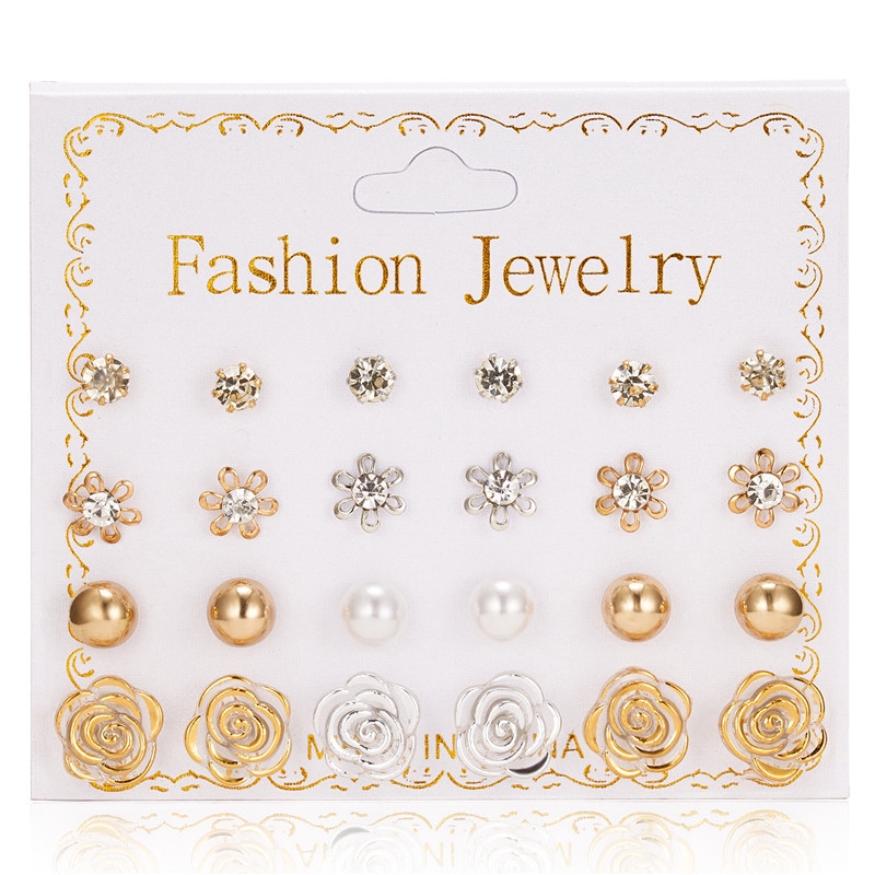 12 Pasang/Set Anting korea Tusuk Model Mutiara Intan Bentuk Bulat Gaya Korea Untuk Wanita Earrings piercing aksesoris wanita-1