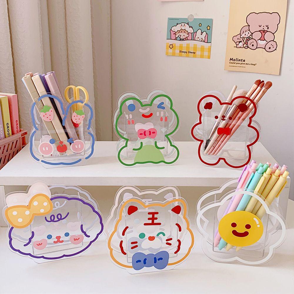 Tempat Pulpen Akrilik Kartun Nanas Kawaii Bear Lucu Vas Kosmetik Penyimpanan Multifungsi Desktop Organizer