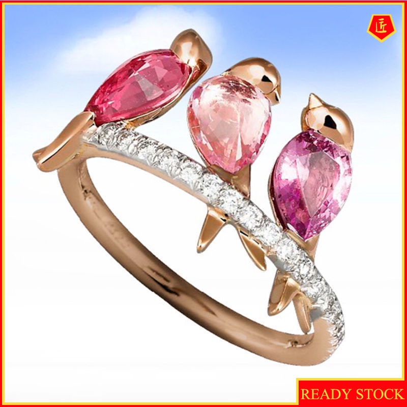 [Ready Stock]Creative Rose Gold 3 Bird Ring Inlaid with Ruby Pink Diamond