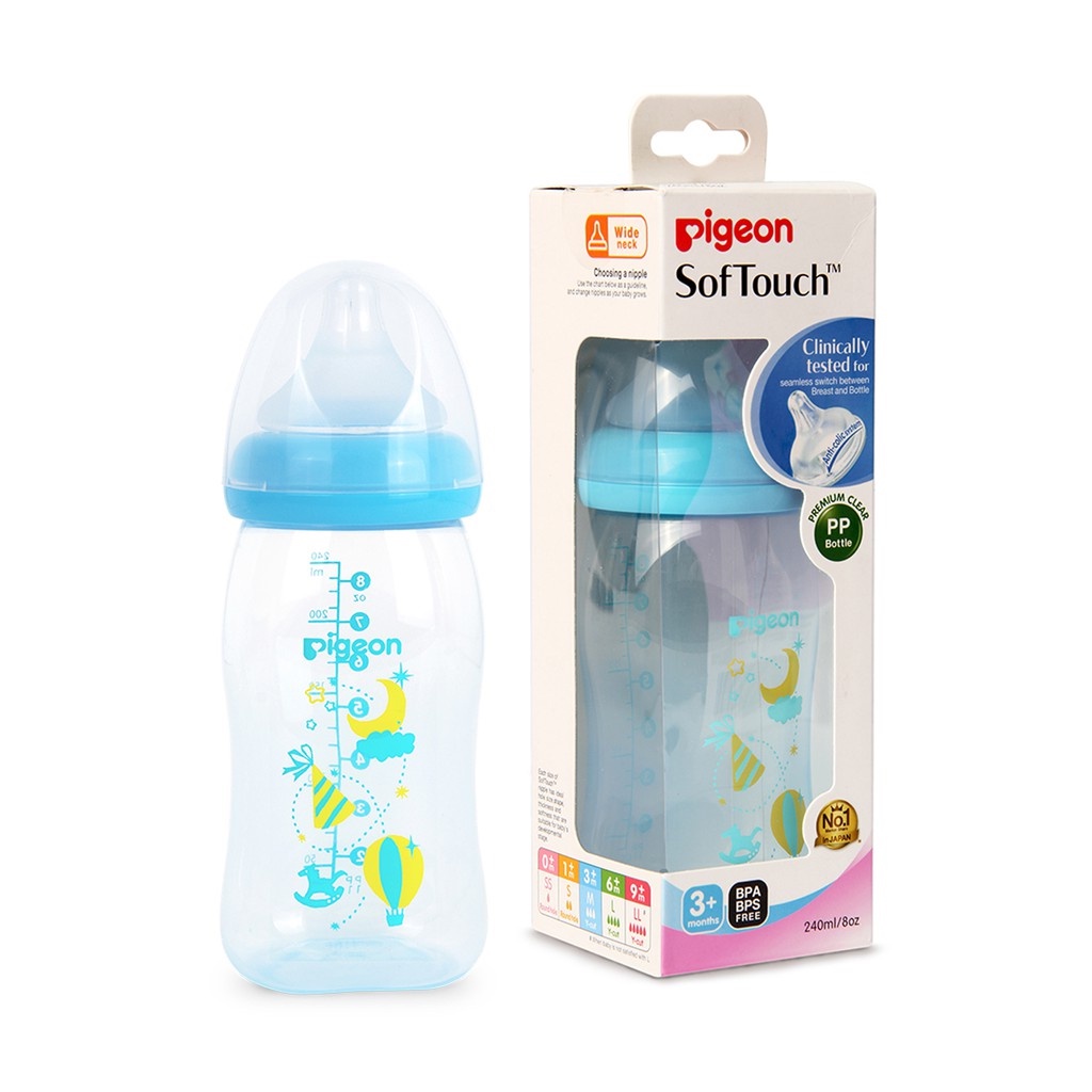 Pigeon Botol Susu Bayi PP Clear Wide Neck 240 ml Pink &amp; Blue