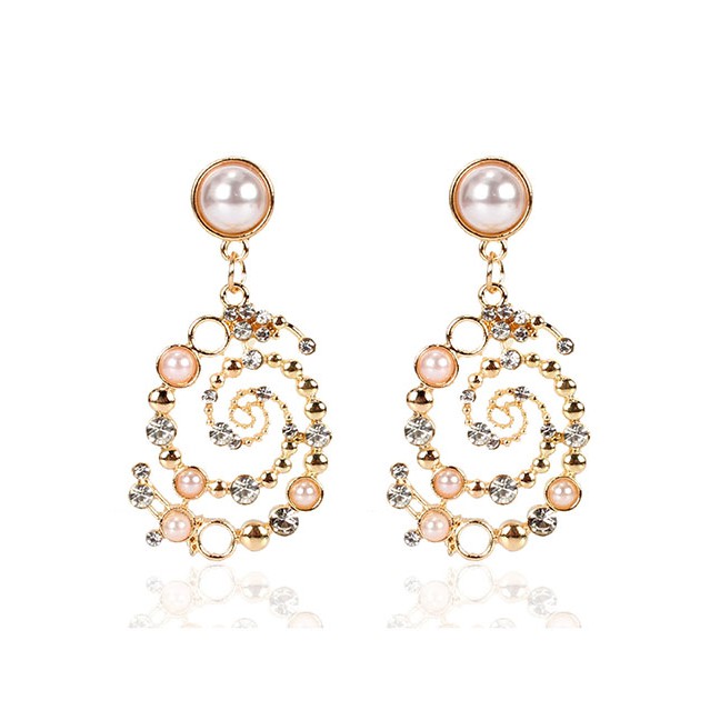 LRC Anting Tusuk Fashion Golden Alloy Diamond Pearl Spiral Earrings D71634
