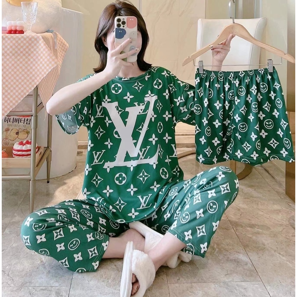 AJW Shop Piyama 3in1 | Piyama Import Dewasa | Setelan Wanita Kekinian | Baju Tidur Wanita Dewasa-L Green