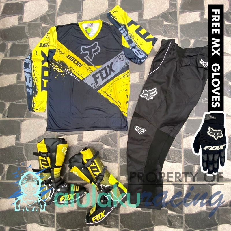 Jersey, Celana, Sarung Tangan &amp; Sepatu Fullprint with Protectors Fullset MX Trail Motocross - Paket Bundling FOCTFG190107-F41