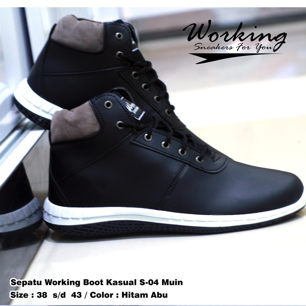 Sepatu Pria Kasual Working Boot S-04 Full Kulit Sintetis Untuk Kerja Kuliah