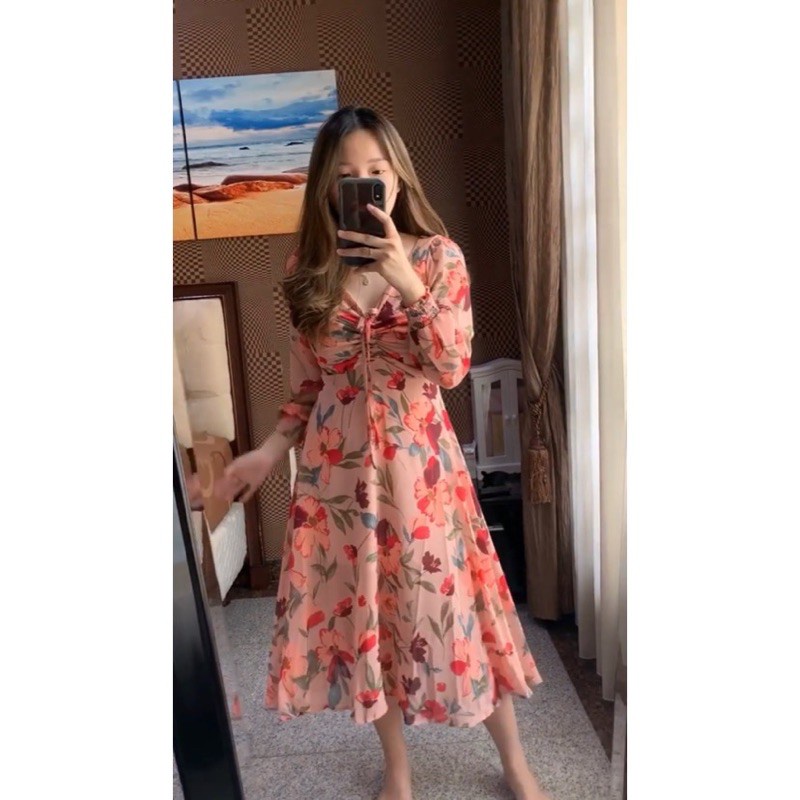 DRESS KOREA KEKINIAN TERMURAH - LAYLA KOREAN FLORAL VINTAGE MIDI DRESS PANTAI SUMMER MUSIM PANAS HIJ