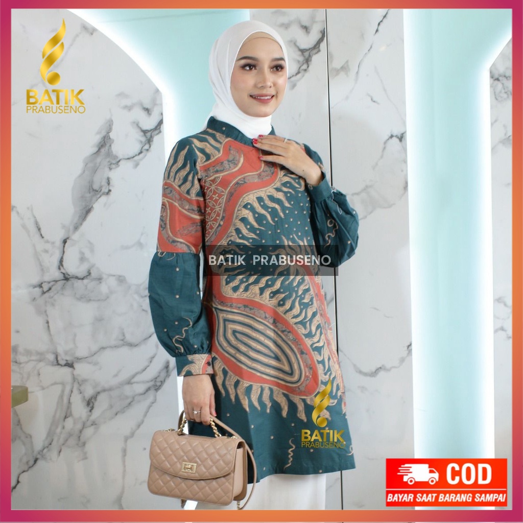 ZOYA Tunik Batik Wanita Modern Asli Prabuseno Lengan Panjang Katun Halus Seragam Kerja Kantor Keren 