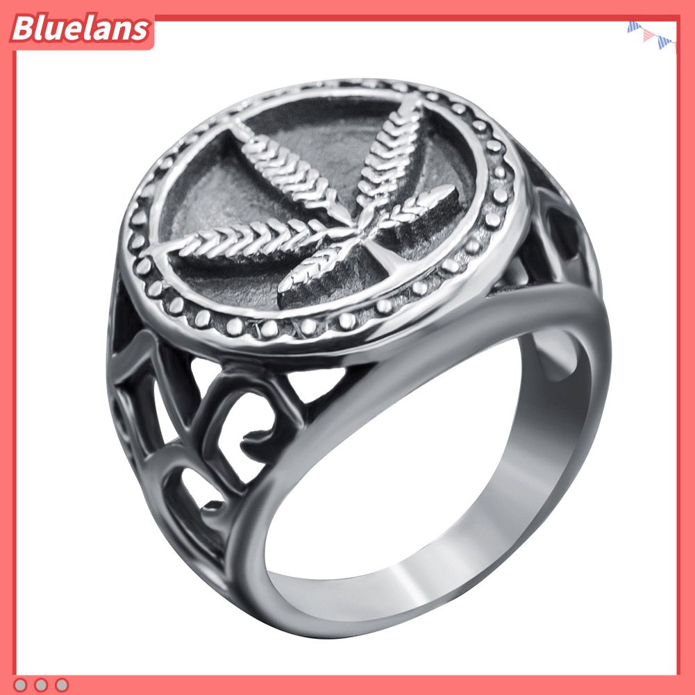 Bluelans Cincin Desain Daun Hollow Bahan Stainless Steel Gaya Punk Untuk Pria