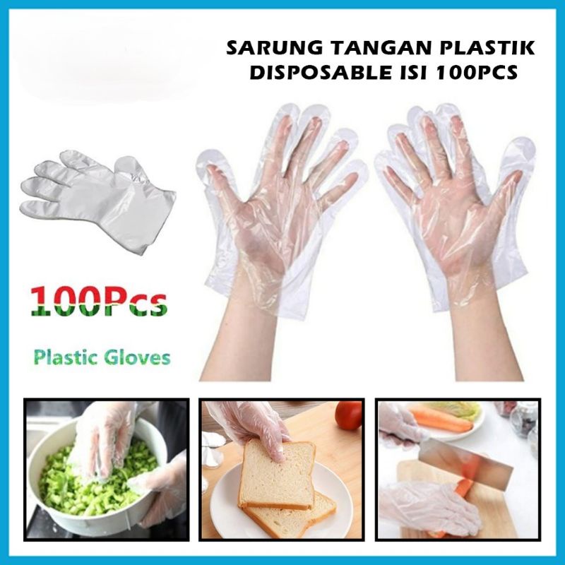 Sarung Tangan Plastik Isi 100Pcs Disposable Plastic Gloves Sekali Pakai Bening Polos Transparent