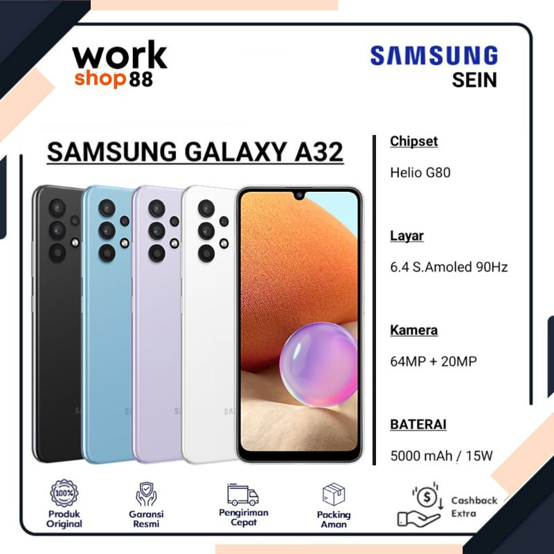 HP Baru Samsung Galaxy A32 8/128 Ram 8GB Rom internal 128GB - New SEIN Original Garansi Resmi - Handphone Tipe Tinggi - 64MP NFC Super AMOLED - Warna Terbaru Black violet Blue White Hitam Ungu Biru Putih - 6/128 8GB/128GB 6GB/128GB 128GB 8 128 GB