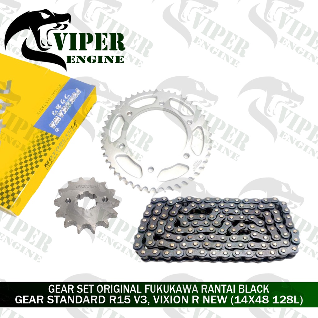[ BISA COD ] GEAR SET LENGKAP STANDARD R15 V3 NEW VIXION R NEW ORIGINAL FUKUKAWA JAPAN 428H 128L 14X
