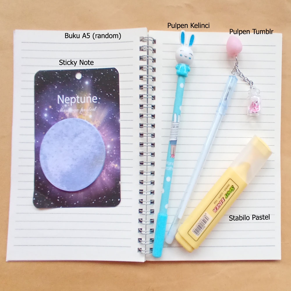 

PAKET ALAT TULIS SET / BUKU A5 RING BERGARIS / STICKY NOTE GALAXY / STABILO PASTEL DAVIS / PULPEN