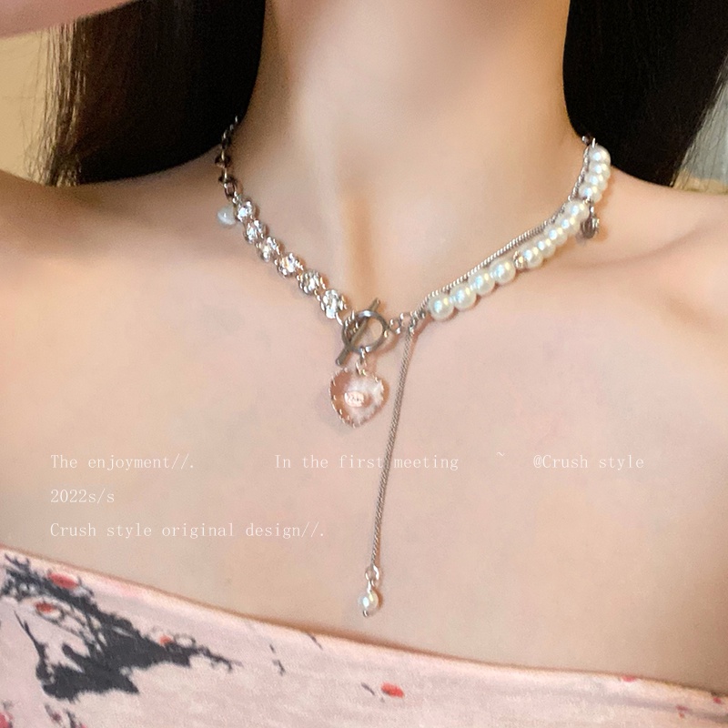 YEEZII Kalung Rantai Choker Liontin Hati Hias Mutiara Kristal Warna Silver Untuk Wanita