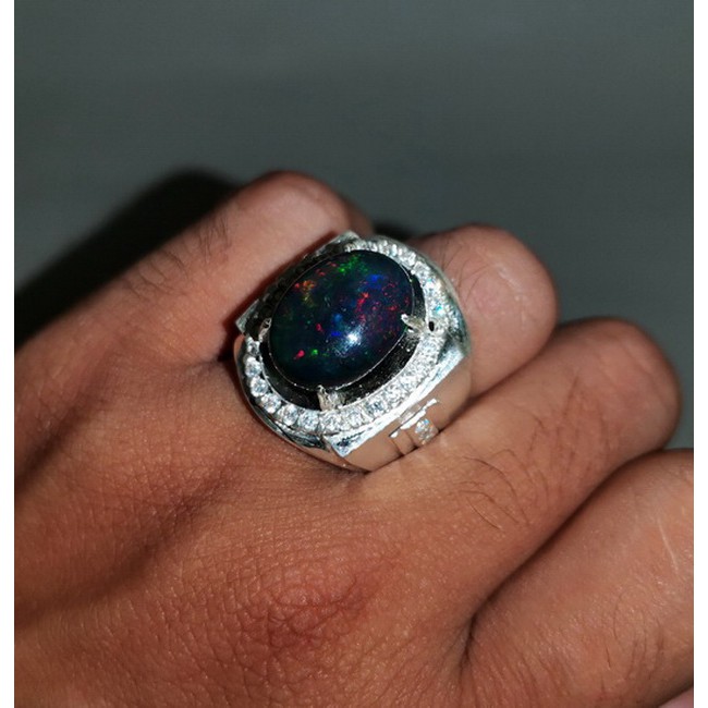 Batu Cincin Hitam Kalimaya Black Opal Ring Perak