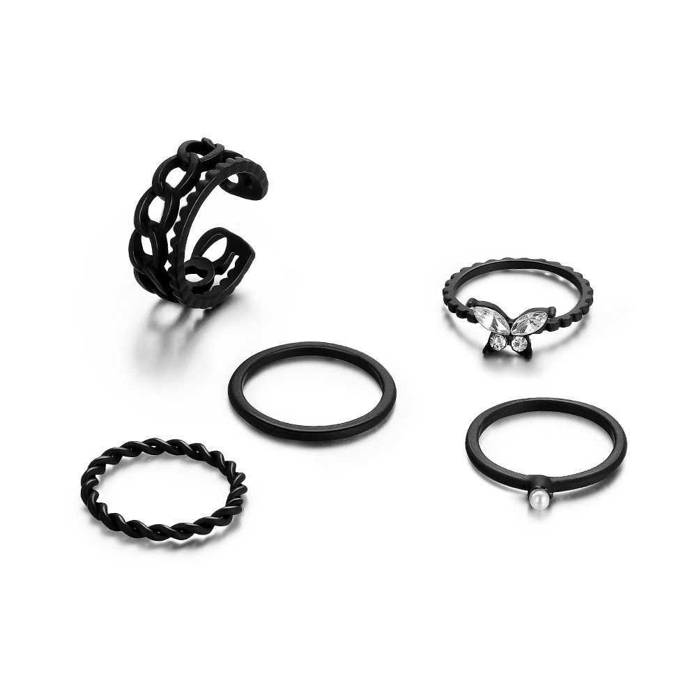 5pcs / Set Cincin Knuckle Desain Kupu-Kupu Geometris Warna Hitam Bahan Metal Gaya Vintage Gothic Untuk Wanita