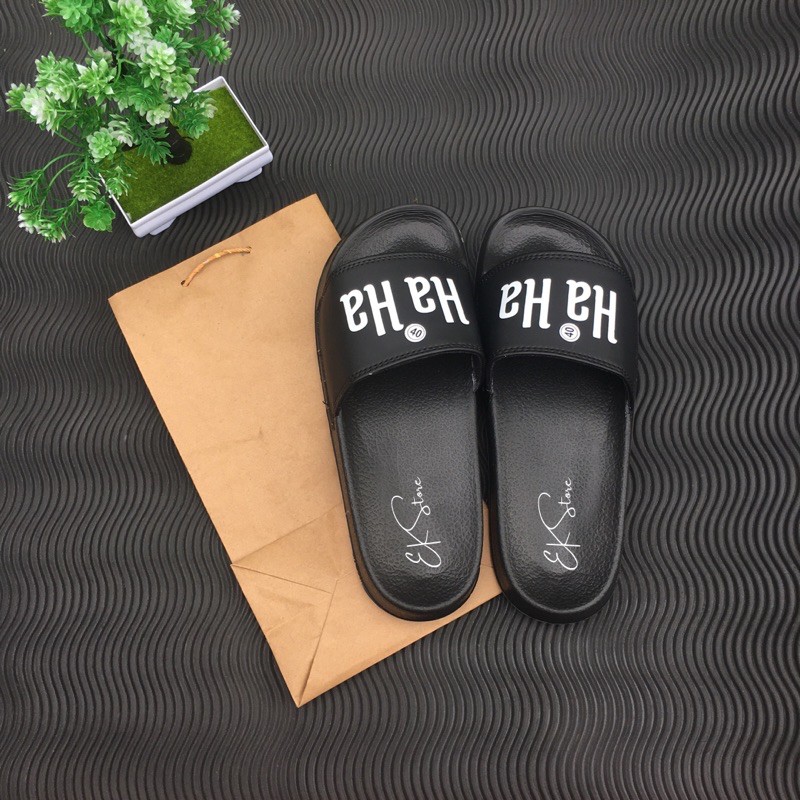 Sandal Slop Pria Slip On EKStore Ha Ha / Sendal Slop Premium Hitam Motif Free Paperbag EKSLUSIF!!!