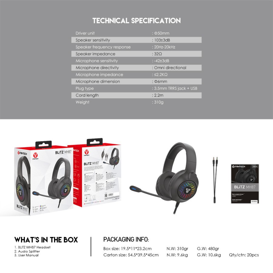 Fantech BLITZ MH87 /MH-87 MULTI PLATFORM - Gaming Headset - [Free Splitter]