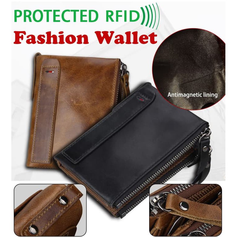 Kobwa Cotton Pria RFID Blocking Dompet Kulit Asli Double Ritsleting Lipat Dua Dompet dengan Koin