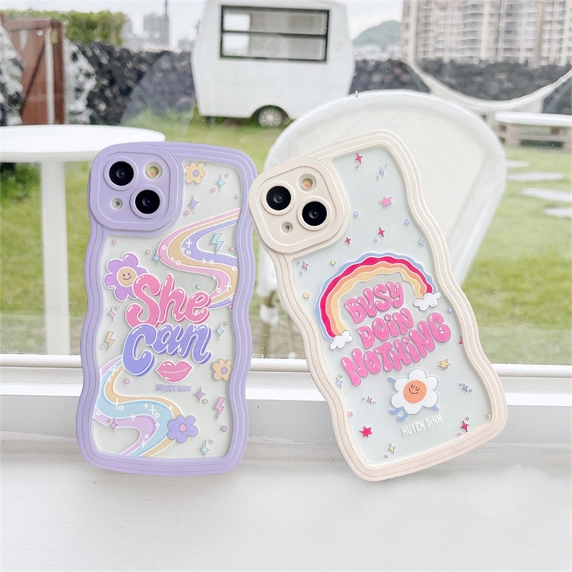 Soft Case Silikon TPU Transparan Gelombang Pelangi Cover iPhone 14 13 12 11 Pro Max X Xr Xs Max 8 7 6 6s Plus