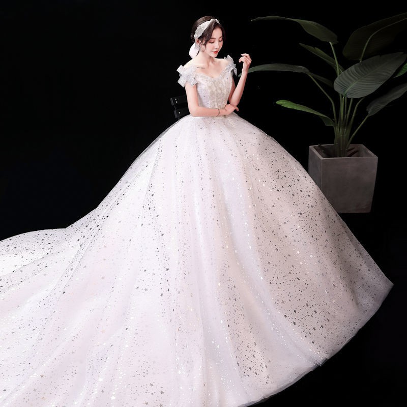 156 White Bling Bling Off Shoulder Long Tail Women Party Wedding Gown Dress Bridal Wedding Dress