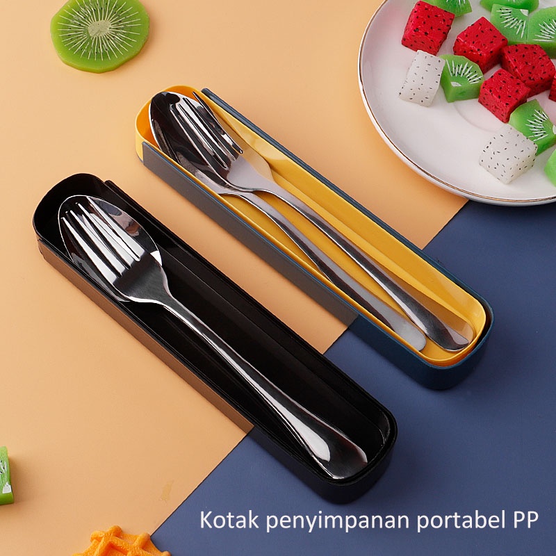 [Bayar Di Tempat] ecentio 2pcs Sendok Makan Dengan Kotak Berbahan Stainless Steel Sumpit Sendok Grapu