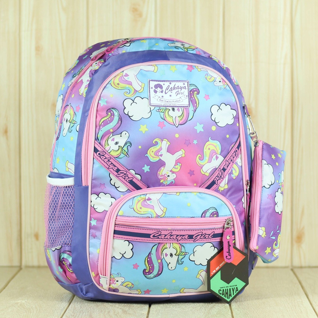 Tas Sekolah Anak Perempuan Ransel TK SD Termurah Awet Lucu Unicorn Strip Ungu Bagus Stylish Fashionable Terbaru Krakter Kartun  Tebal