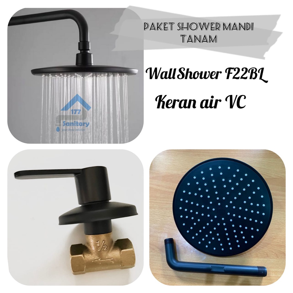 Paket Hemat Wall Shower Tanam Tembok Bulat F22BL + Stop Kran Keran air Tanam VC Hitam BLack Minimalis