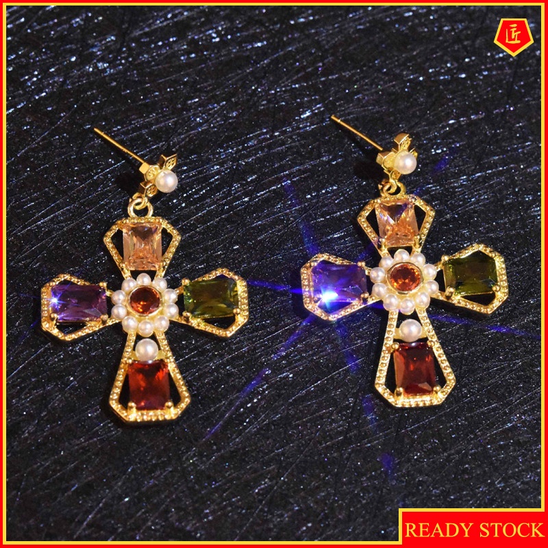 [Ready Stock]Color Gem Cross Gold Stud Earrings Women's Retro Fashion