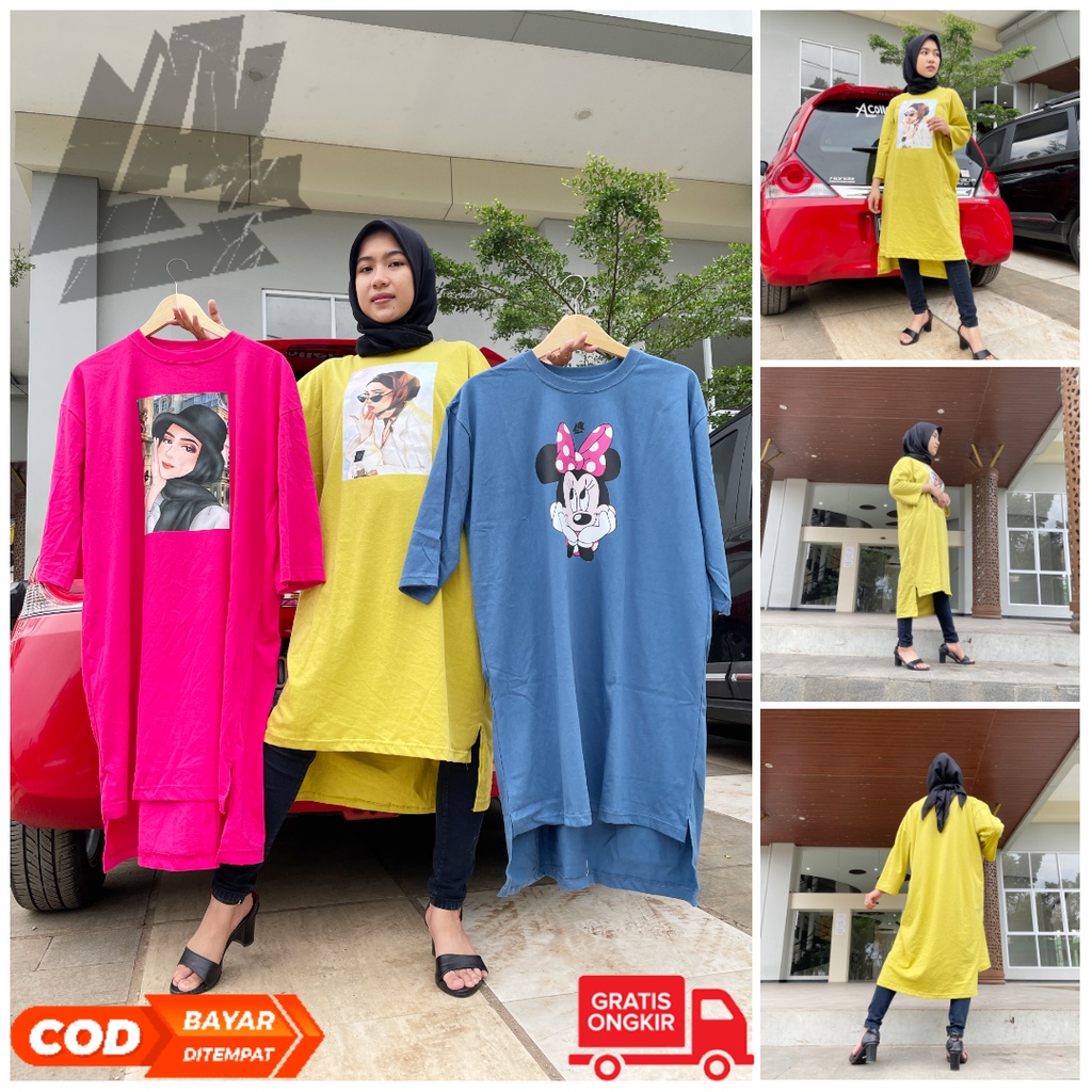 (LONG TUNIK) MIDI DRESS OVERSIZE PANJANG BAJU WANITA COTTON COMBED KATUN KARAKTER LENGAN VIRAL PREMIUM TERMURAH