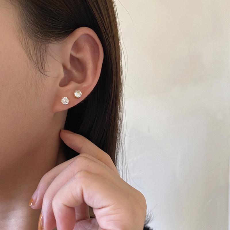 Anting Titanium Berlian Satu Mata Mewah Emas 14K Anti Karat Aksesoris Wanita Korea