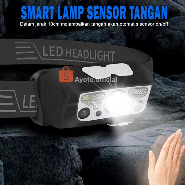 Lampu Mini Senter Kepala LED AYOTO 5 Mode USB Charger Multi Fungsi Anti Air Sensor Tangan