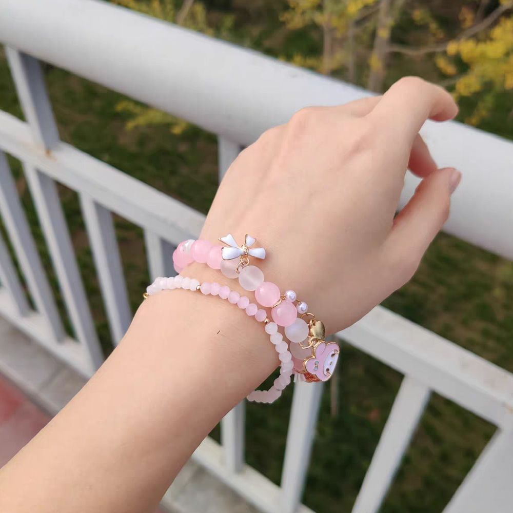 Gelang Tali Elastis Hias Manik-Manik Kristal Bunga Pita Cinnamon Dog Friends Gaya Korea Untuk Wanita